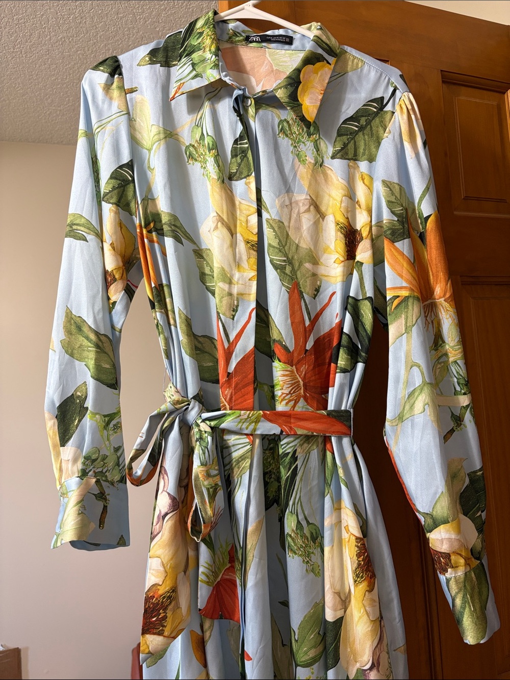 Zara Light Blue Tropical Floral Shirt Dress with Belt